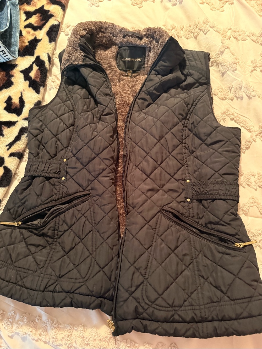 Weatherproof Quilted Black Vest with Brown Sherpa Lining